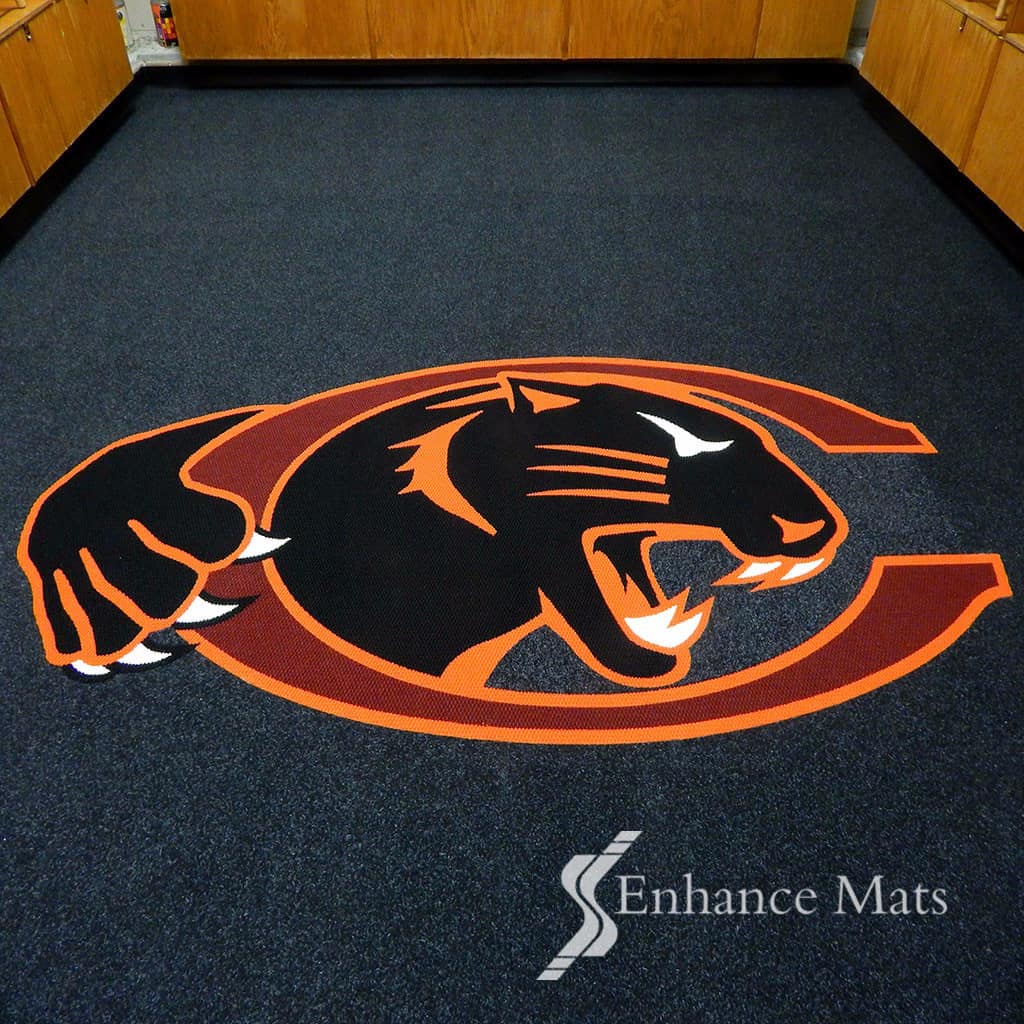 Athletic carpet with logo in locker room