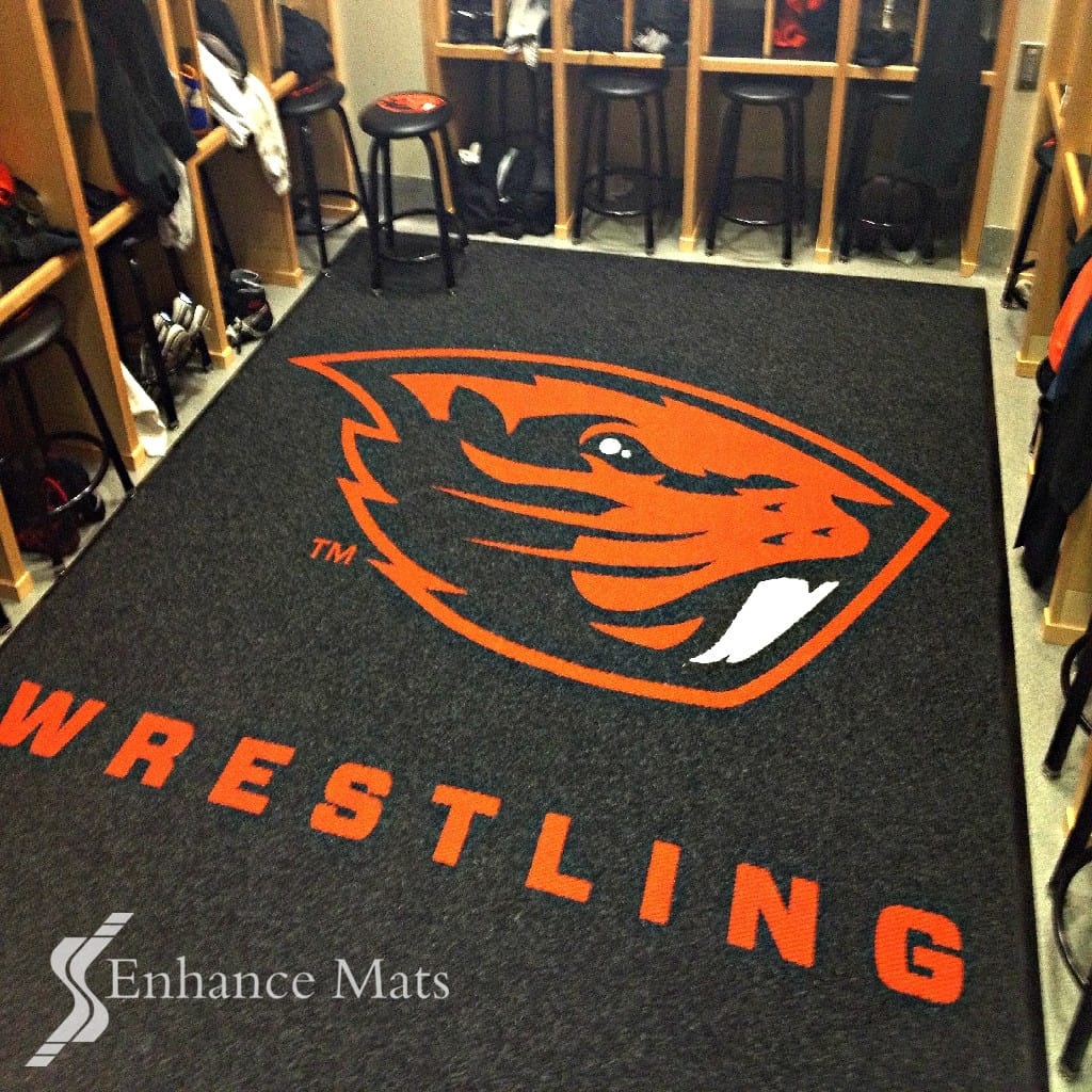 Athletic mat with logo in locker room