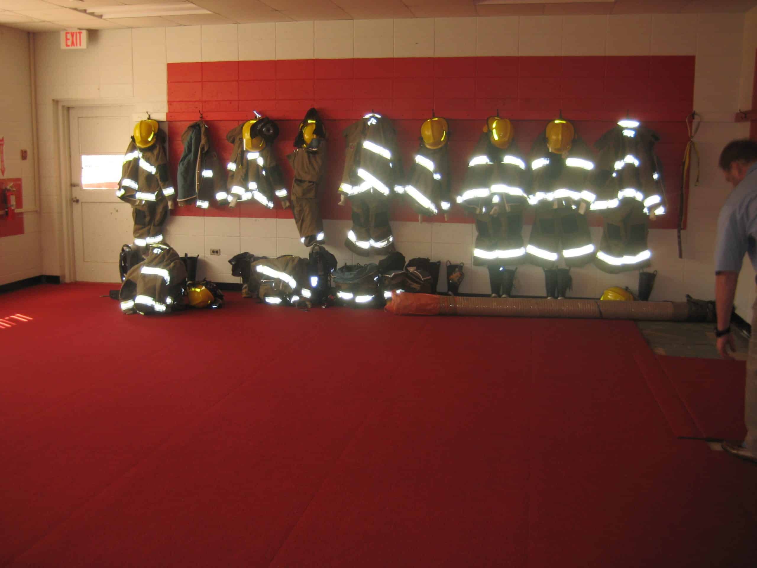 gym floor tiles in custom red for firefighters
