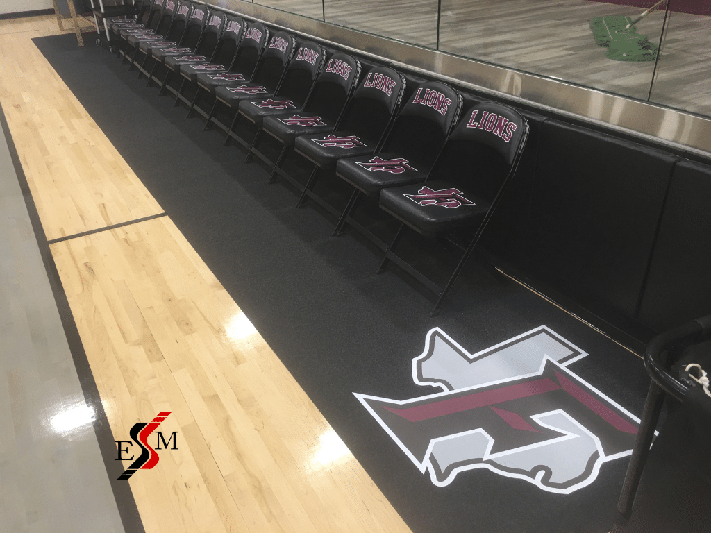 custom basketball courtside runner protecting floor from team chairs