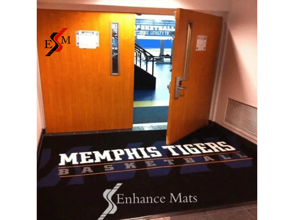 Basketball custom logo mat outside Memphis Tigers basketball gym