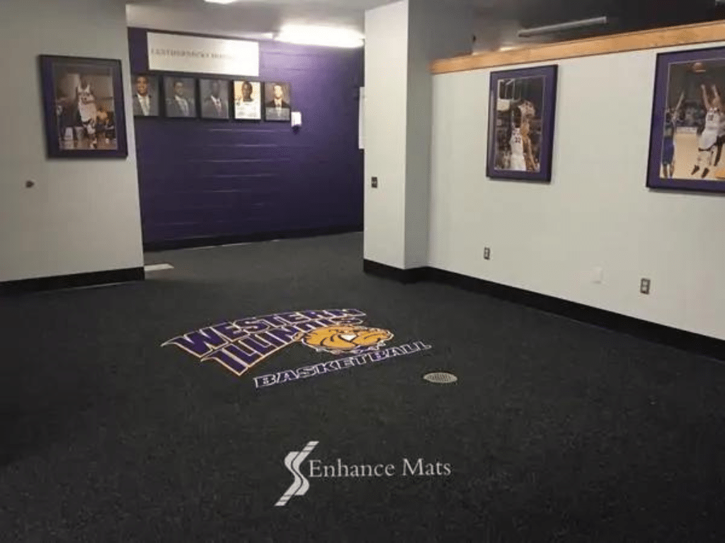 Custom gym floor mats for Western Illinois locker room