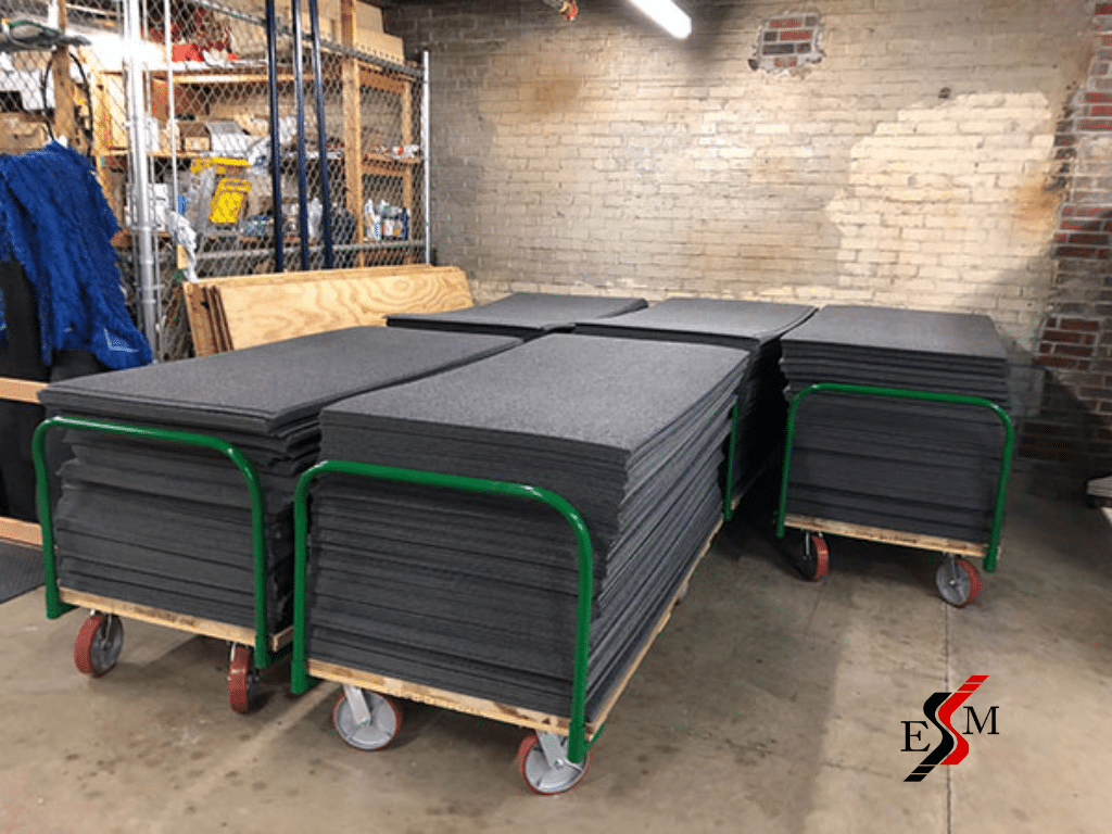 gym floor covering system tiles storage on cart