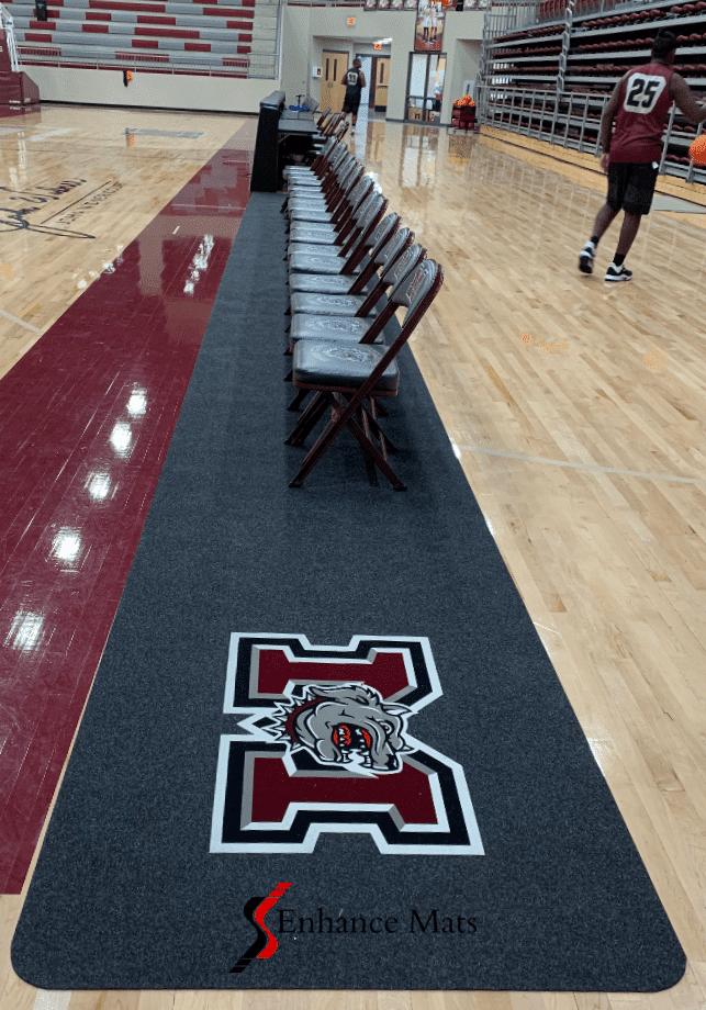 courtside gym runner with custom logo protects floor from team chairs