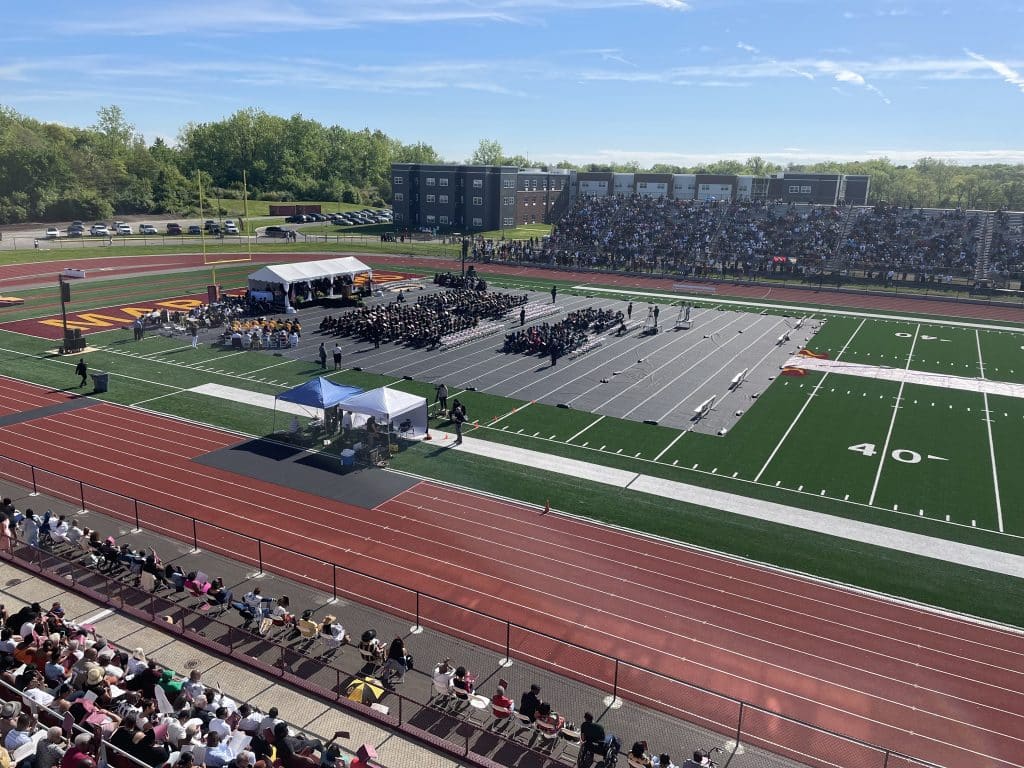 central state university court armor roll field covering for an outdoor graduation