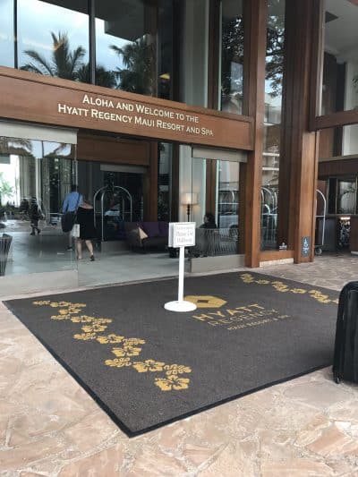 entry carpets outside Hyatt Regency Maui with custom logo welcomes guests