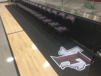 custom basketball courtside runner protects gym floor from team chairs