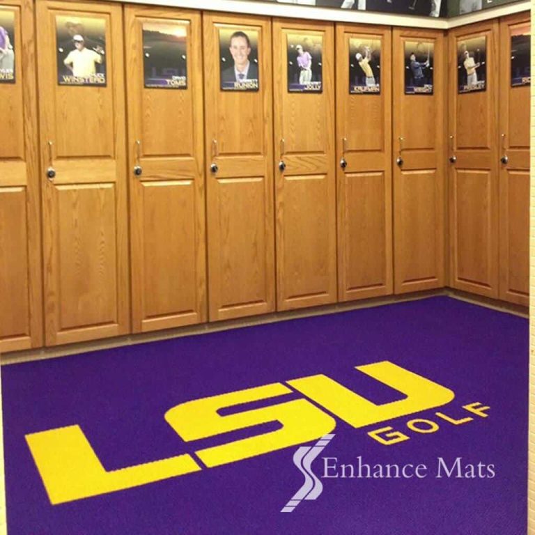Athletic carpet with custom logo in locker room for LSU golf