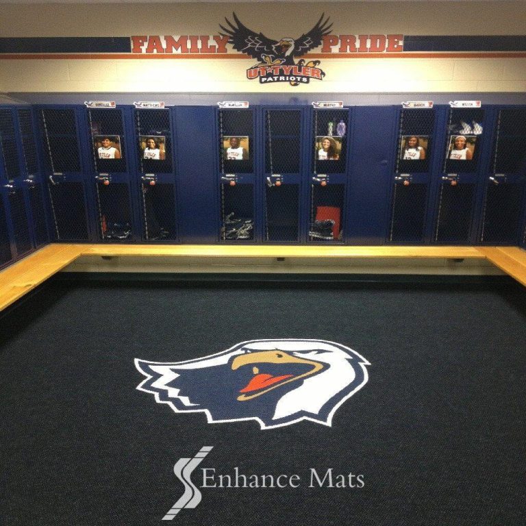 custom inlaid locker room logo in heavy duty carpet sets college branding 1