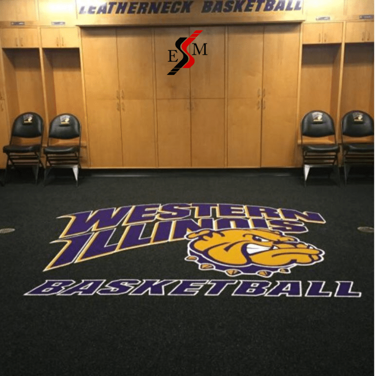 locker room floor carpet personalized with logo for Western Illinois Basketball