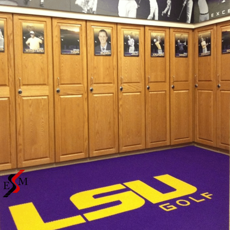 logo locker room carpet for LSU golf team